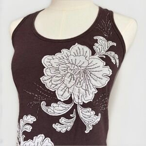 INC Embroidered Floral Racerback Tank Cami Size S Brown Beaded Boho Casual Layer